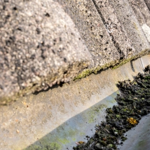 Tagrende med snavs og blade før rensning