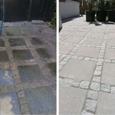 Før og efter fliserens af terrassefliser